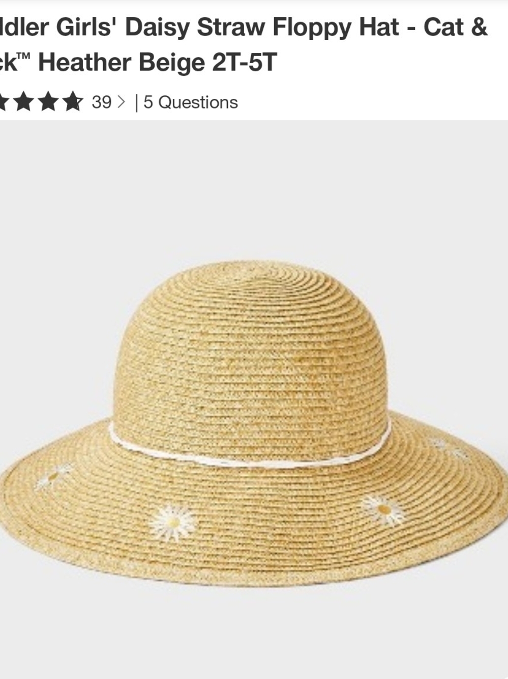 Girls' Daisy Straw Floppy Hat